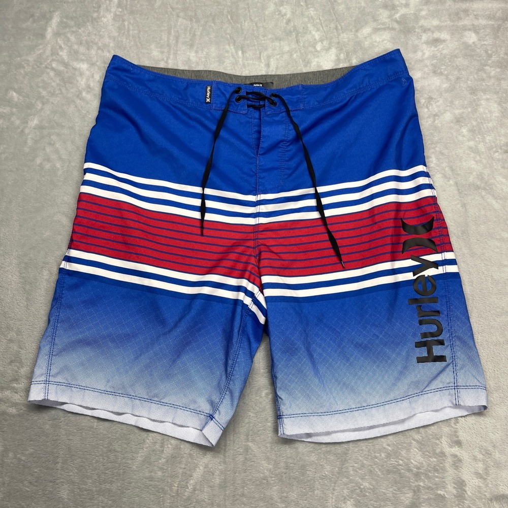 Hurley Board Shorts Mens 36 Red White Blue Striped Gradient Recycled Swim Trunks